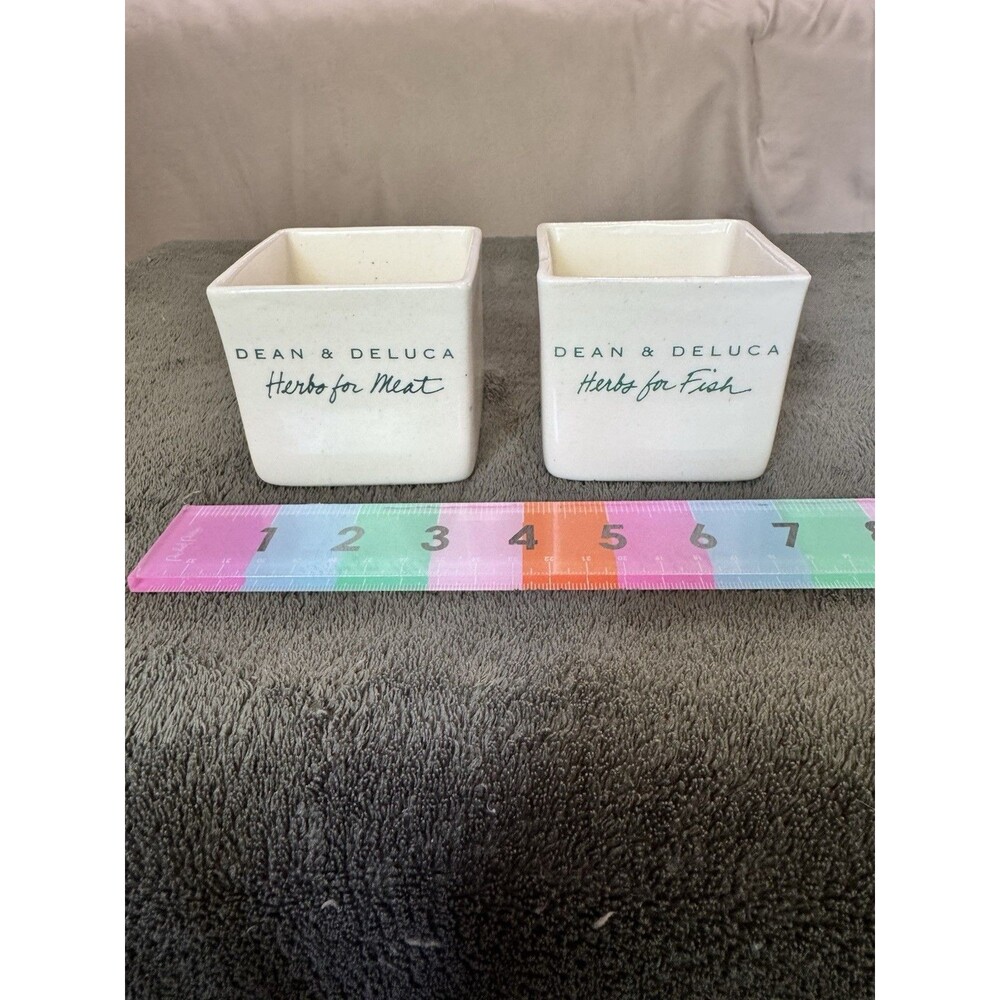 DEAN & DELUCA 2-Piece Square White Speckled Shiny Bowl Set Herbs Meat/Fish